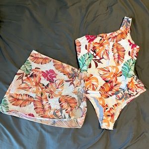 Tropical Print One Piece Swimsuit With Ring Linked Beach Skirt